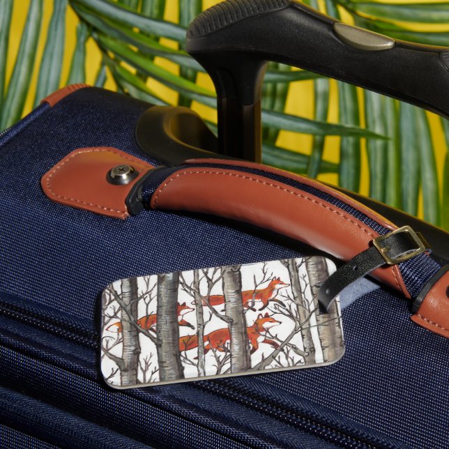 Woodland Fox Forest Luggage Tag Gray Personalize (Front Insitu 3)