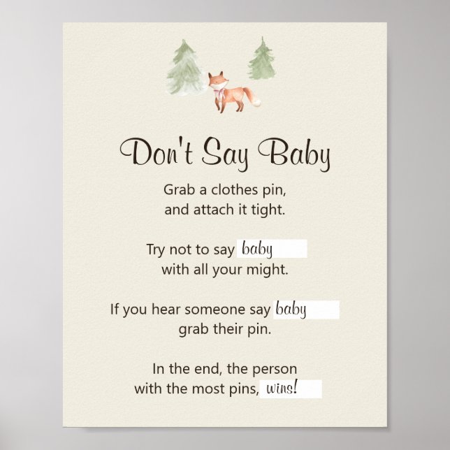 Woodland Fox Girl Baby Shower Don't Say Baby Poster (Front)