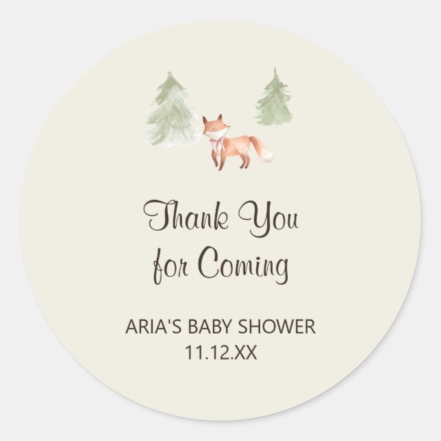 Woodland Fox Girl Baby Shower Favor Classic Round Sticker (Front)