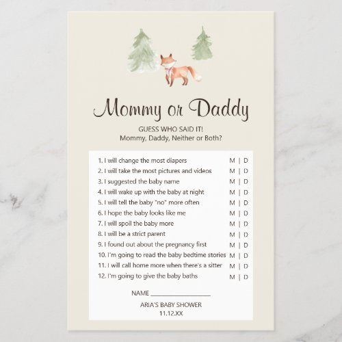 Woodland Fox Girl Baby Shower Mommy or Daddy Game Flyer