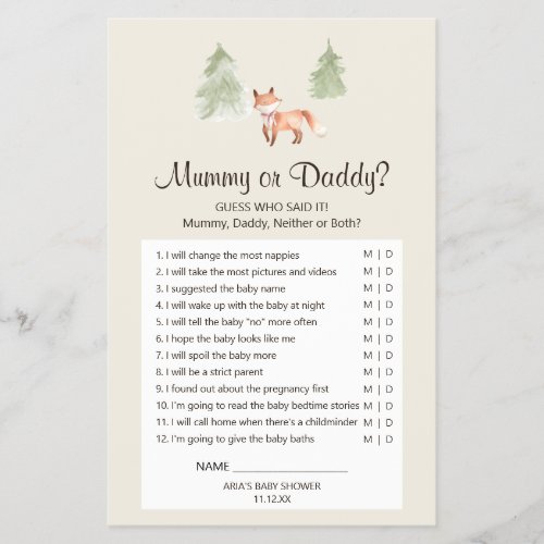 Woodland Fox Girl Baby Shower Mommy or Daddy Game Flyer