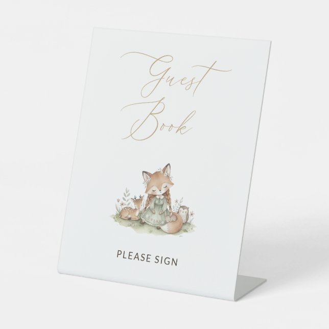 Woodland Fox Girl Guest Book Baby Shower Pedestal Sign (Front)