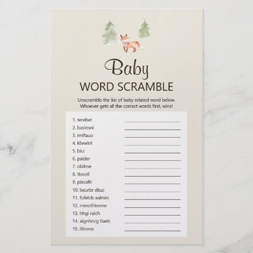 Woodland Fox Girl Shower Baby Word Scramble Game Flyer