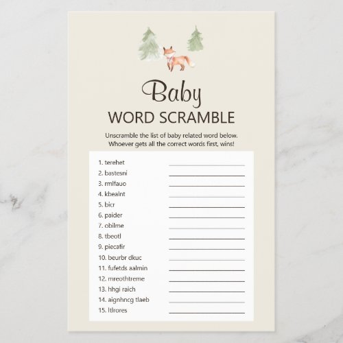 Woodland Fox Girl Shower Baby Word Scramble Game Flyer