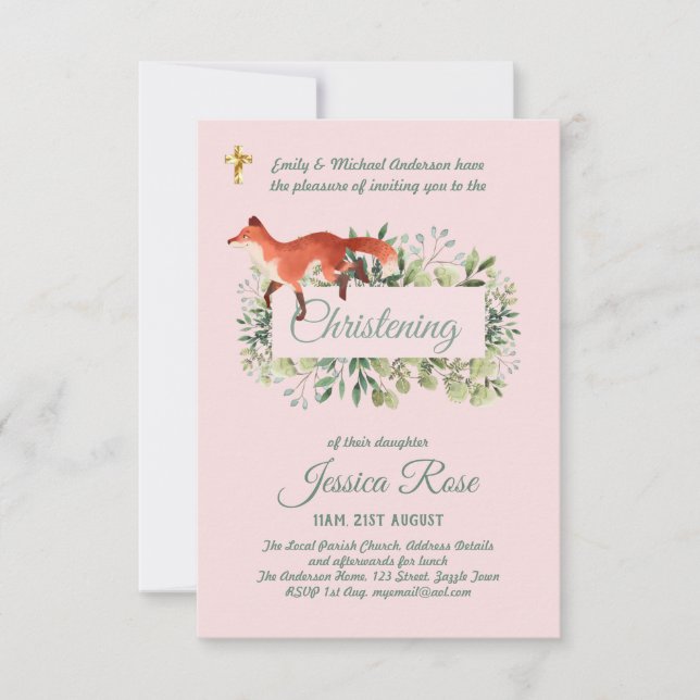 Woodland Fox Girls Christening Invites Baptism  (Front)