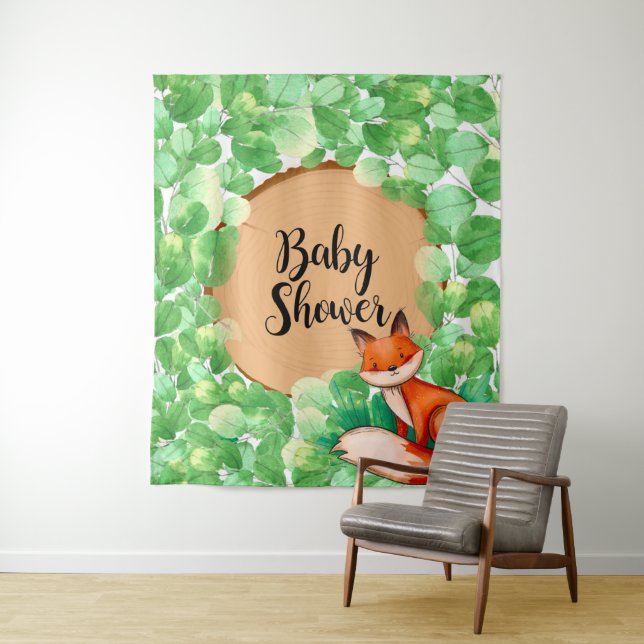 Woodland Fox Greenery Baby Shower Backdrop (In Situ)