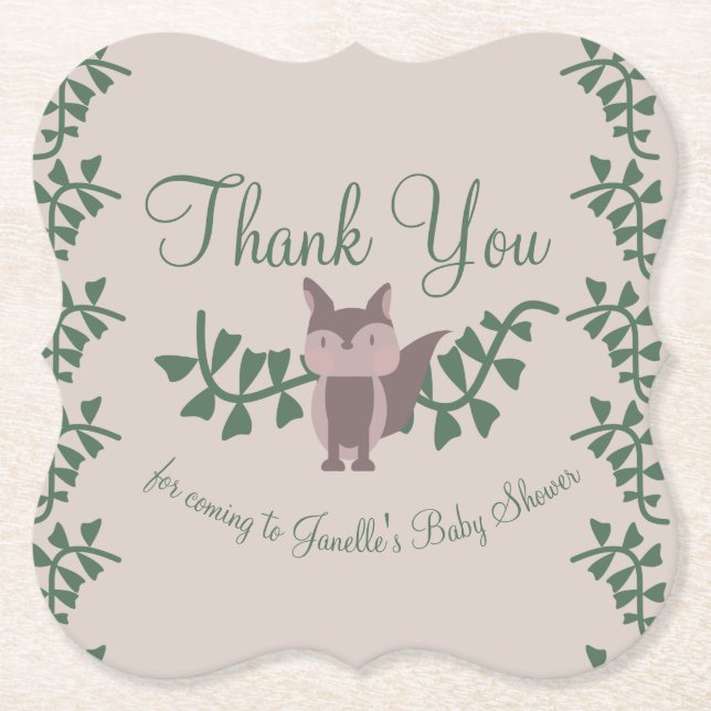Woodland Fox Greenery Baby Shower Rustic  Paper Coaster (Front)