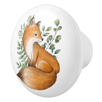 Woodland Fox Greenery Forest Botanical Leaves Ceramic Knob