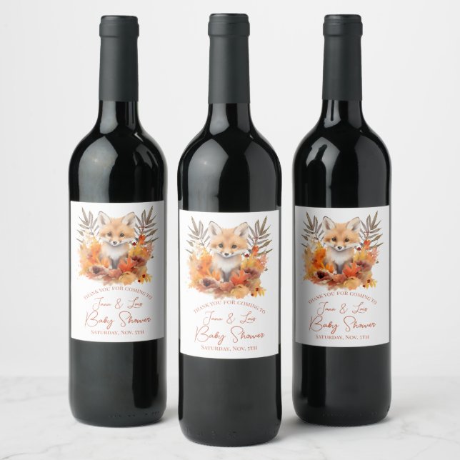 Woodland Fox Greenery Watercolor Leaf Baby Shower Wine Label (Bottles)