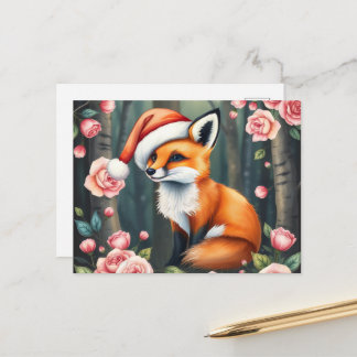 Woodland fox in Christmas hat holiday postcard