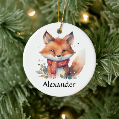 Woodland Fox in Scarf Personalized Ceramic Ornament
