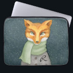 Woodland Fox in Winter with Monogram Laptop Sleeve<br><div class="desc">A unique watercolor illustration of a woodland fox in winter snowfall bundled up in a light green scarf. The gray jacket has a custom monogram that you can edit with your desired monogram.</div>