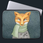 Woodland Fox in Winter with Monogram Laptop Sleeve<br><div class="desc">A unique watercolor illustration of a woodland fox in winter snowfall bundled up in a light green scarf. The gray jacket has a custom monogram that you can edit with your desired monogram.</div>