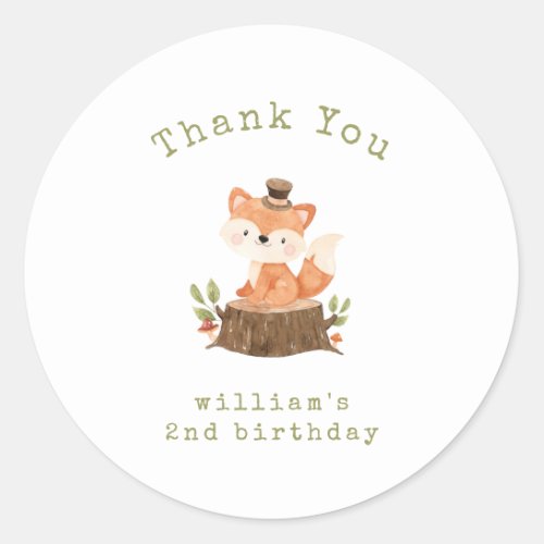 Woodland Fox Minimalist Birthday Thank You Classic Round Sticker