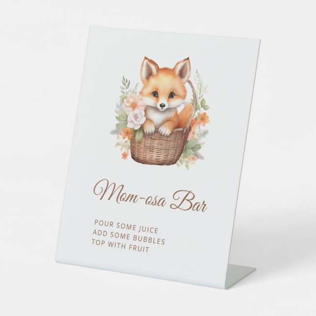 Woodland Fox Mom-osa Bar Baby Shower Pedestal Sign (Front)