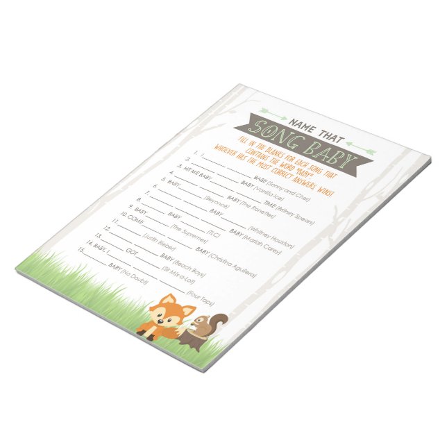 Woodland Fox Name That Song Baby Shower Game Notepad (Angled)