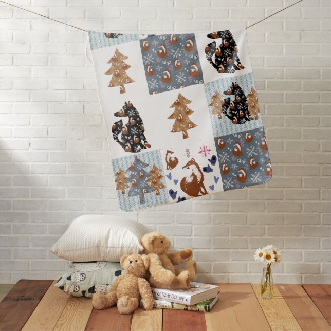 Woodland Fox Nordic Quilted Pattern Gender Neutral Baby Blanket (In Situ)
