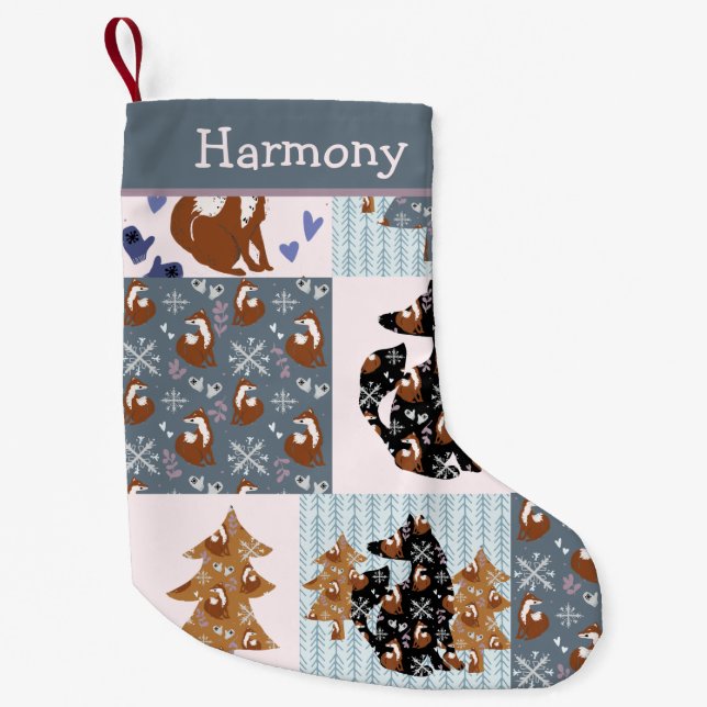 Woodland Fox Nordic Quilted Pattern Girls Small Christmas Stocking (Front)