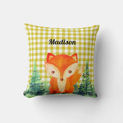 Woodland Fox Nursery Yellow Throw Pillow