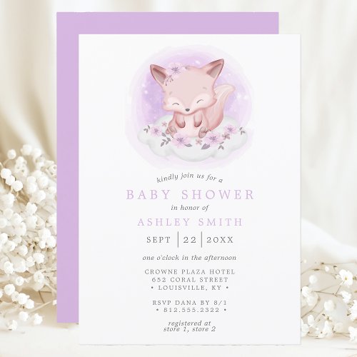 Woodland Fox On Floral Cloud Cute Girl Baby Shower Invitation