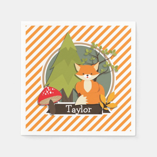 Woodland Fox; Orange and White Stripes Napkins (Front)