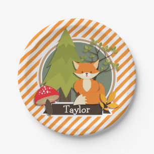 Woodland Fox; Orange and White Stripes Paper Plates