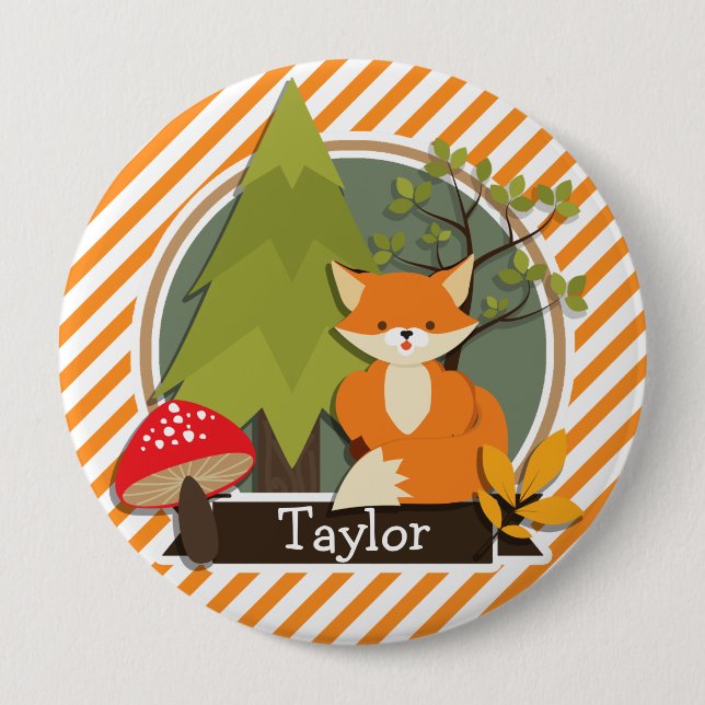 Woodland Fox; Orange and White Stripes Pinback Button (Front)