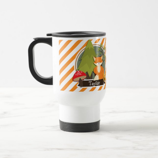 Woodland Fox; Orange and White Stripes Travel Mug (Left)