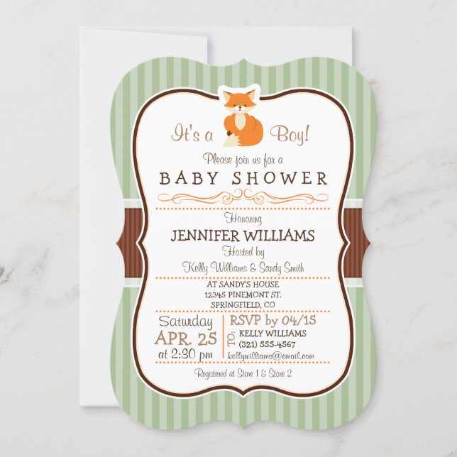 Woodland Fox; Orange, Sage, Brown Baby Shower Invitation (Front)