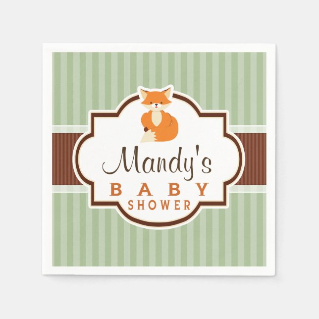 Woodland Fox; Orange, Sage, Brown Baby Shower Paper Napkins (Front)