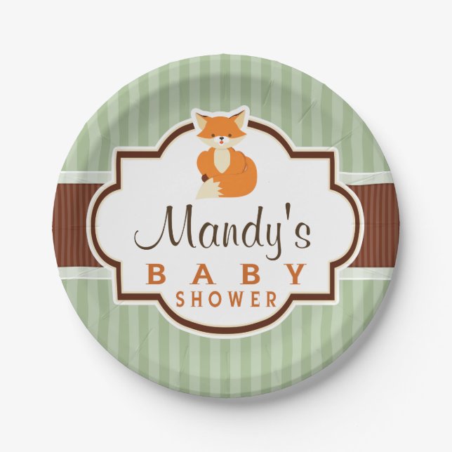 Woodland Fox; Orange, Sage, Brown Baby Shower Paper Plates (Front)
