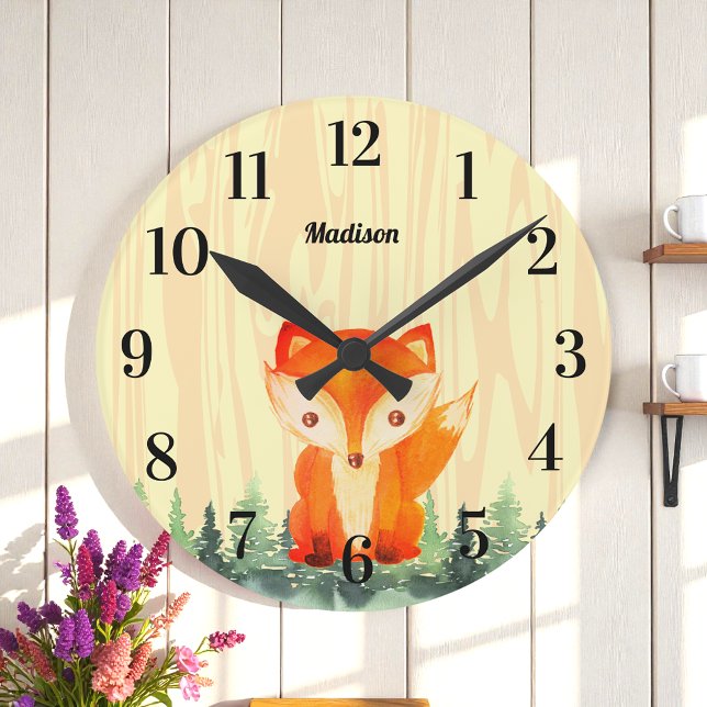 Woodland Fox Orange Yellow Forest Round Clock (Creator Uploaded)