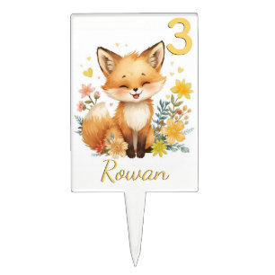 Woodland Fox Pastel Yellow Hearts Pastel Floral Cake Topper