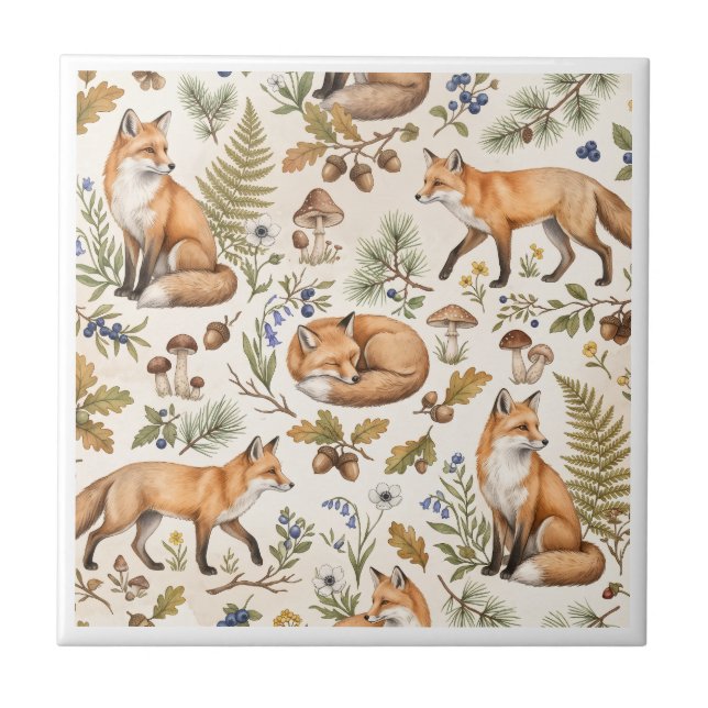 Woodland Fox Pattern | Forest Animals Ceramic Tile (Front)