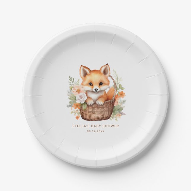 Woodland Fox Personalized Baby Shower Paper Plates (Front)