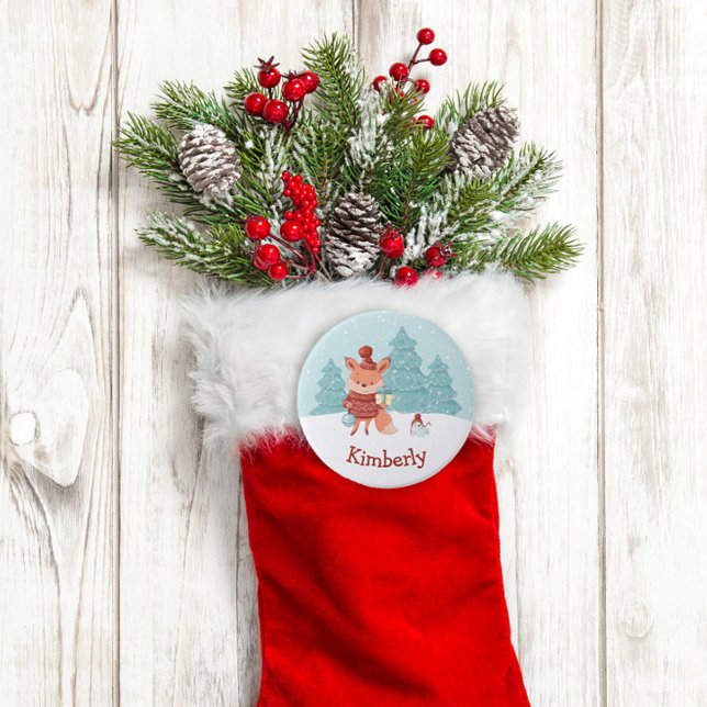 Woodland Fox Personalized Christmas  Button (Personalized Christmas Stocking Name Tag Button)