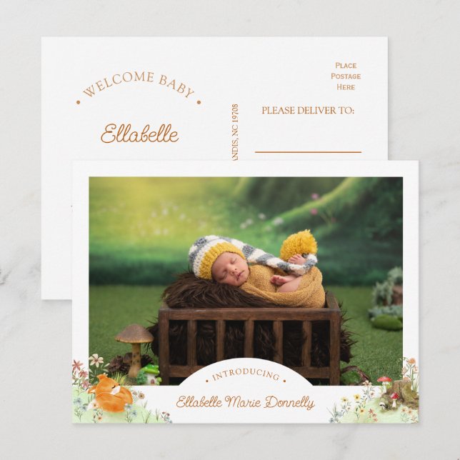 Woodland Fox Photo Birth Announcement Postcard (Front/Back)