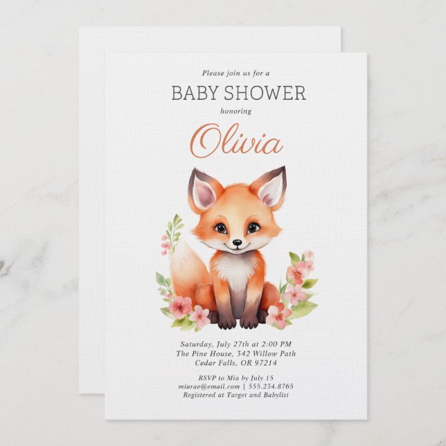Woodland Fox Pink Peach Girl Baby Shower Invitation (Front/Back)