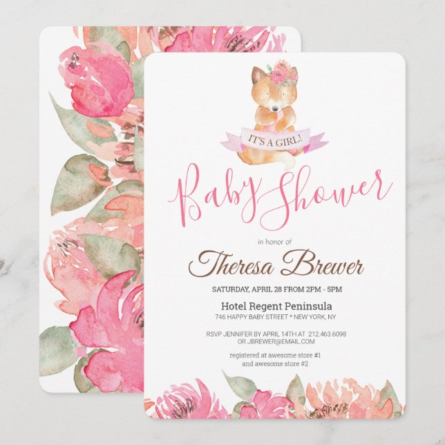 Woodland Fox Pink Watercolor Floral Baby Shower Invitation (Front/Back)