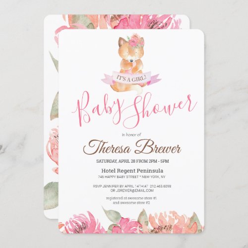 Woodland Fox Pink Watercolor Floral Baby Shower Invitation
