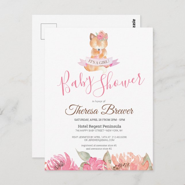 Woodland Fox Pink Watercolor Floral Baby Shower Postcard (Front/Back)
