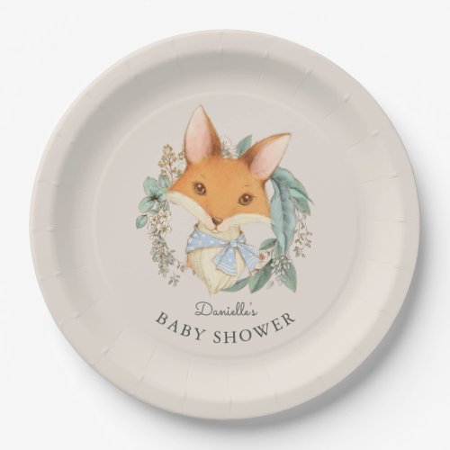 Woodland Fox Portrait Baby Shower for Boy Paper Plates