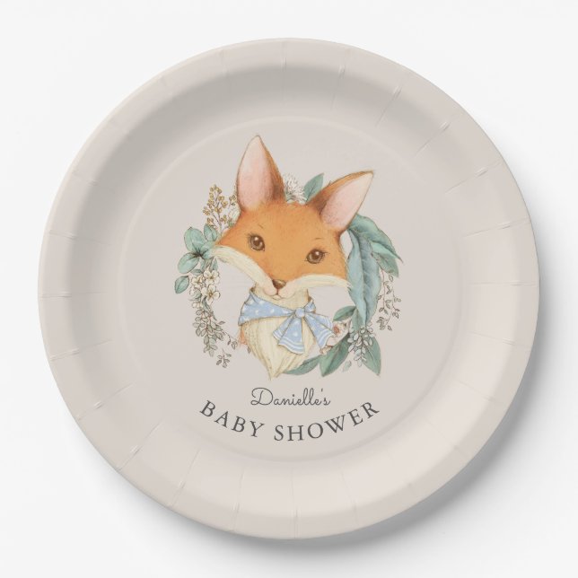 Woodland Fox Portrait Baby Shower for Boy Paper Plates (Front)