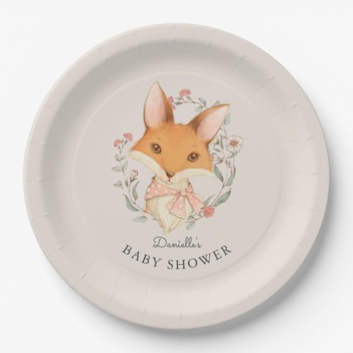 Woodland Fox Portrait Baby Shower for Girl Paper Plates