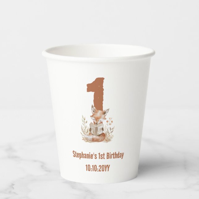 Woodland Fox Reading a Book 1st Birthday Party  Paper Cups (Front)