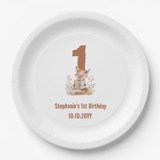  Woodland Fox Reading a Book 1st Birthday Party  Paper Plates (Front)