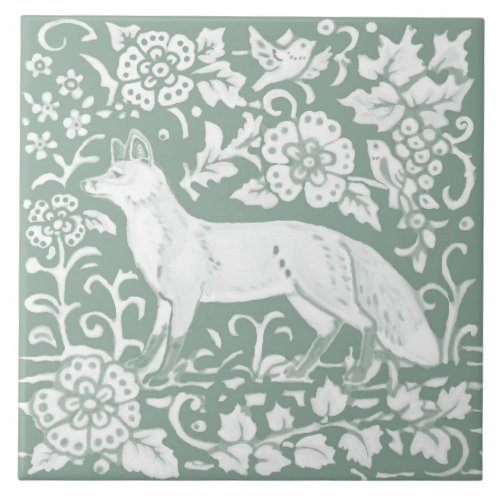 Woodland Fox Sage Green Floral Nature Design Ceramic Tile