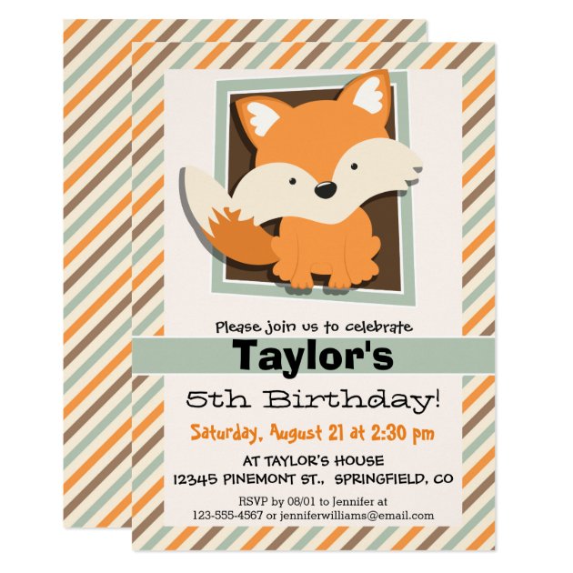 Woodland Fox; Sage Green, Orange, Brown Stripes Invitation