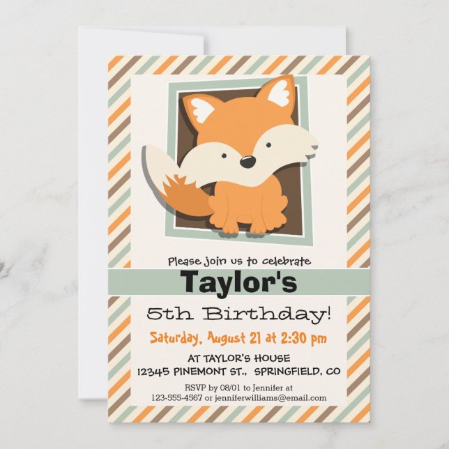Woodland Fox; Sage Green, Orange, Brown Stripes Invitation (Front)