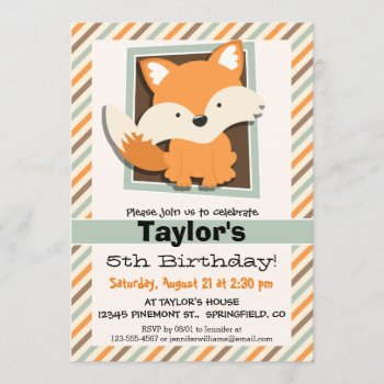 Woodland Fox; Sage Green  Orange  Brown Stripes Invitation by Birthday_Party_House at Zazzle